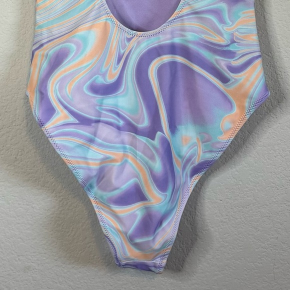 NWPT Forever 21 Purple Slick One Piece Plunge V Neck Swim Suit Bathing Suit - Picture 7 of 8